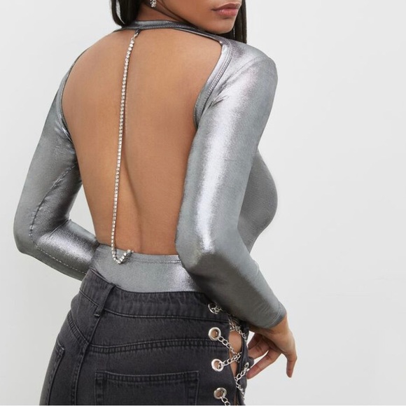 Silver Rhinestone Open-Back Bodysuit - Picture 1 of 8